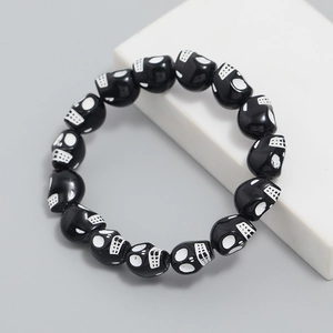 Retro black bead bracelet with white skull patterns for men and women gothic jewelry