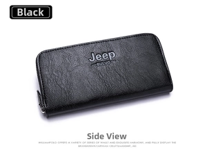 Macro detail of black leather texture and metal zipper on men's long clutch wallet
