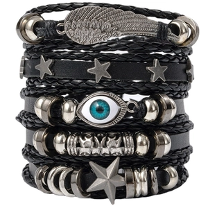 Men's multilayer leather bracelet set with silver wing, skull beads and blue eye charm