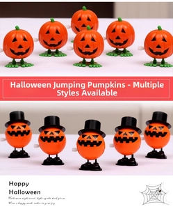 Detail of wind-up Halloween pumpkin toys featuring a top hat design and clockwork knob