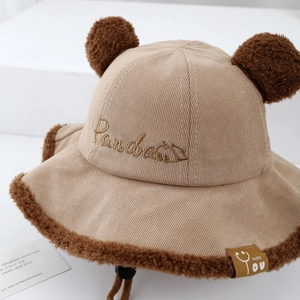 Plush-trimmed baby fisherman hat with panda ears and embroidered details in khaki