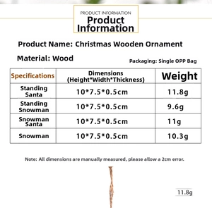 Detailed dimensions of wooden Christmas ornaments featuring Santa Claus and Snowman