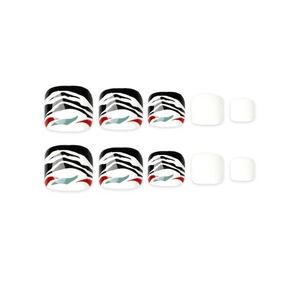 Abstract black and white press-on toenails with red and blue stripes on 10pc set