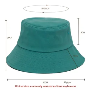 Deep teal cotton sun hat with wide brim, side air vents and detailed size dimensions