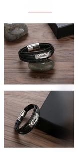 Macro shot of multi-layer black leather bracelet with stainless steel magnetic clasp