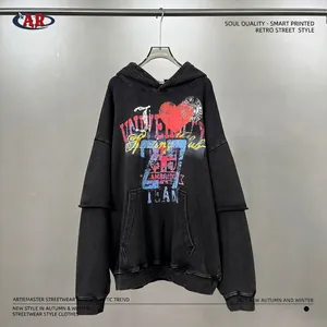 Schwarzer Heavy-Baumwoll-Hoodie im Vintage-Punk-Stil mit Lagen-Ärmeln und Print