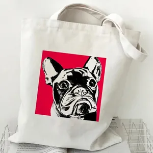 White canvas tote bag with French Bulldog pop art print and durable shoulder straps