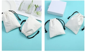 Macro detail of white cotton drawstring pouch for jewelry storage and gift packaging