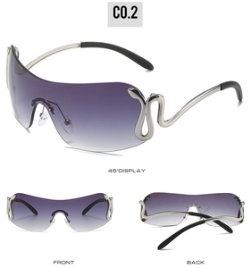 Detail view of purple gradient lens and silver snake-shaped metal temple on sunglasses