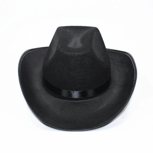 Detailed view of black felt top hat with satin ribbon for stage performance costume
