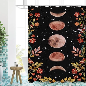 Detail of waterproof polyester shower curtain with sun moon phase and floral pattern