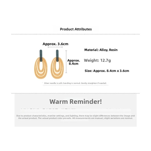 Detailed dimensions of orange layered resin oval earrings with alloy and silver needle specs