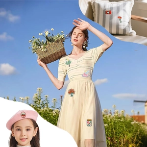 DIY floral and rabbit embroidery patches on dresses and berets for garment decoration