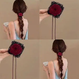 Vintage Gothic Burgundy Rose Flower Hair Clip With Black Lace And Long Ribbon Tassels Fabric Hair Accessory Dual Use Choker