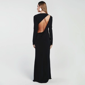 Back view of a sleek black long-sleeve backless maxi dress with a bodycon silhouette