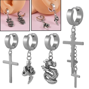 Stainless Steel Hoop Earrings With Cross Dragon And Snake Pendants Punk Gothic Style Jewelry For Men Women