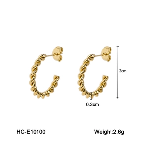 Detail view of 18K gold plated stainless steel twisted hoop earrings showing 2cm size specs