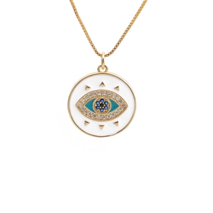 Minimalist gold necklace with Evil Eye pendant featuring blue and clear zircon stones
