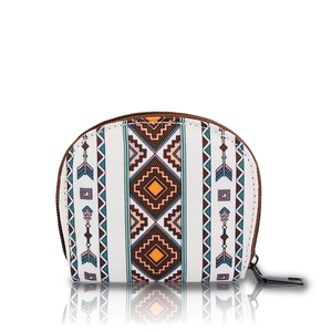Compact semicircular canvas wallet with geometric ethnic pattern and black zipper