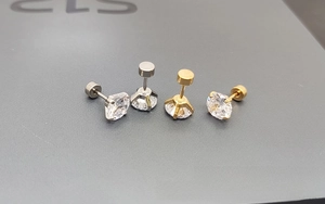 Detail of 316L stainless steel stud earrings with round cubic zirconia and screw back