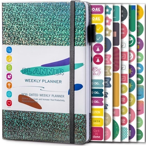 Detailed view of glitter green weekly planner with non-dated pages and colorful stickers