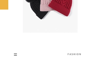 Close-up of thick cable knit texture and fluffy pom-pom on winter thermal beanie hats