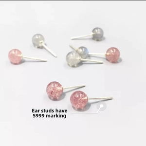 S999 sterling silver stud earrings with natural strawberry quartz and moonstone beads