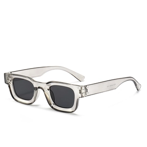 Fashionable square transparent grey sunglasses with thick PC frame and dark grey lenses