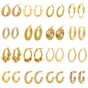 Hoop Earrings For Women Stainless Steel Gold Plated Geometric Twisted C-Shape Round Minimalist Trendy Fashion Jewelry