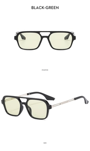 Front and side views of vintage double-bridge aviator sunglasses with black frames and green lenses