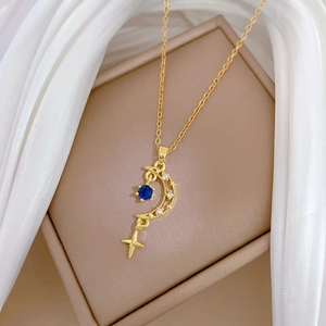 Titanium steel moon and star tassel necklace with blue gemstone and sparkling crystals