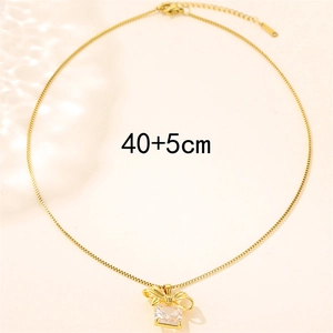 18K gold plated stainless steel bow necklace with square zircon pendant 40+5cm length