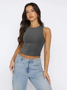 Detailed close-up of dark grey slim fit ribbed tank top with round neck design