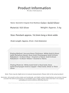 Detailed specifications chart for S925 sterling silver geometric knot pendant necklace