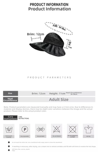 Size chart and care instructions for rhinestone sun hat with 12cm brim and washing icons
