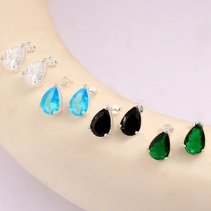 Elegant 925 sterling silver teardrop stud earrings with vibrant colored cubic zirconia