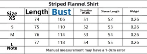 Detailed size chart showing length, bust, and sleeve measurements for striped poplin shirt