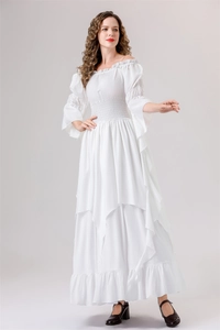 White off-shoulder Renaissance gown with gathered waist and ruffled hem for Halloween cosplay