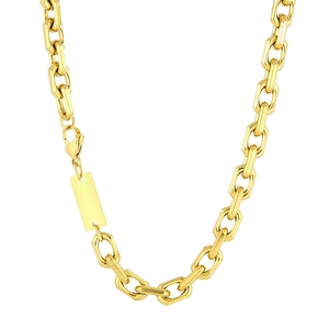 Gold stainless steel link chain necklace with rectangular pendant and lobster clasp