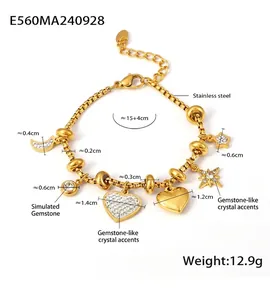 Detailed view of stainless steel charm bracelet with dimensions of star and heart pendants