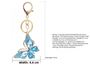 Blue crystal butterfly keychain dimensions showing 6.5x4.6cm size and zinc alloy material