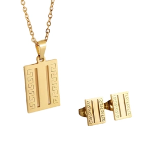 Gold titanium jewelry set with Greek fret pattern necklace and rectangular earrings