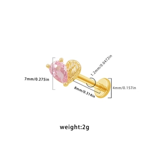 Detailed view of pink heart zircon earring with gold wings and precise measurements