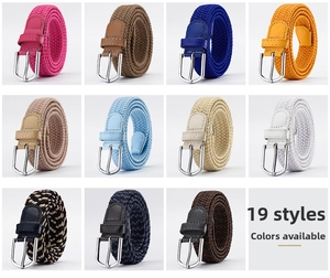Selection of colorful braided elastic belts with metal pin buckles and leather accents