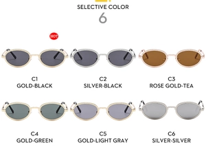 Detailed color options of vintage oval metal sunglasses featuring six distinct frame and lens sets