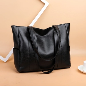 Fashion Large Capacity PU Leather Tote Bag For Women Minimalist Solid Color Shoulder Bag With Side Pockets Commuting Handbag