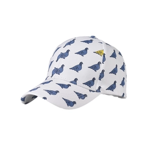 Unisex white baseball cap with stylish blue and yellow pigeon pattern print