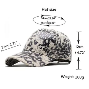 Black and white leopard print baseball cap with size chart and measurements