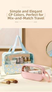 Close-up of sky blue daisy and pink waterproof makeup bags with transparent PVC windows