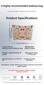 Trousse de maquillage en lin avec motifs oiseaux et fleurs, 17x25cm avec fermeture